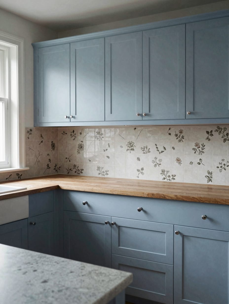 Kitchen with light pastel powder blue base cabinets and white upper shelves.