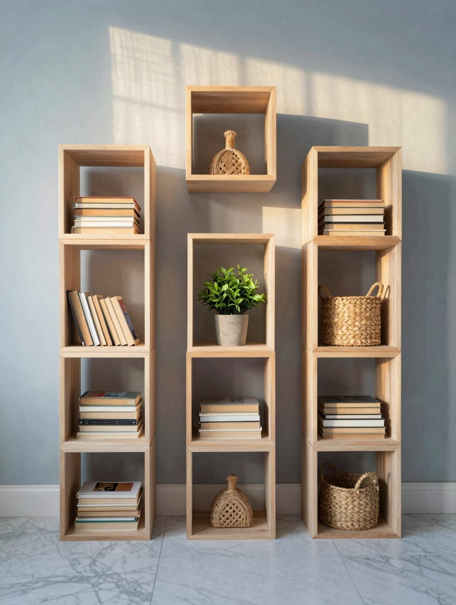 Modular cube bookshelves in a living room, arranged in an L-shape, filled with books and decorative items.