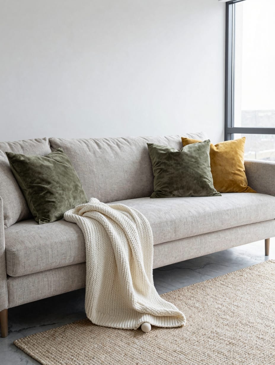 A grey sofa layered with sage green linen pillows and a chunky knit wool throw.