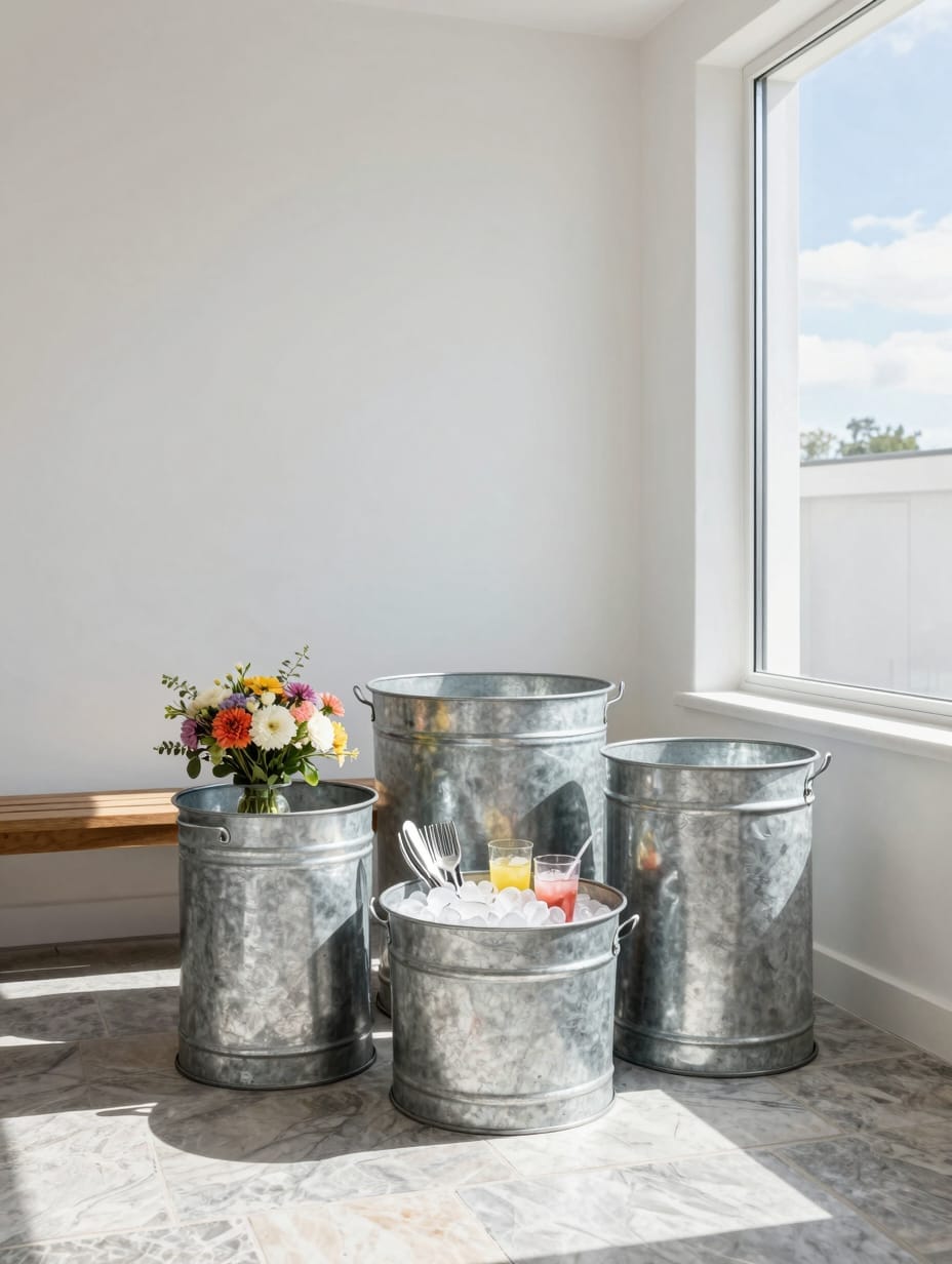 Round galvanized metal tub filled with ice and bottled drinks sitting on a wooden stand.