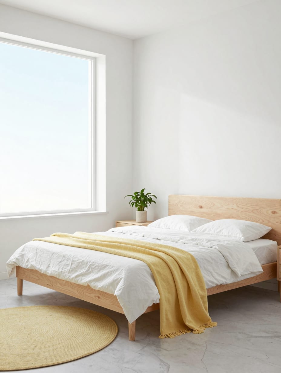A minimalist Scandinavian bedroom featuring a butter yellow accent chair and light wood furniture.