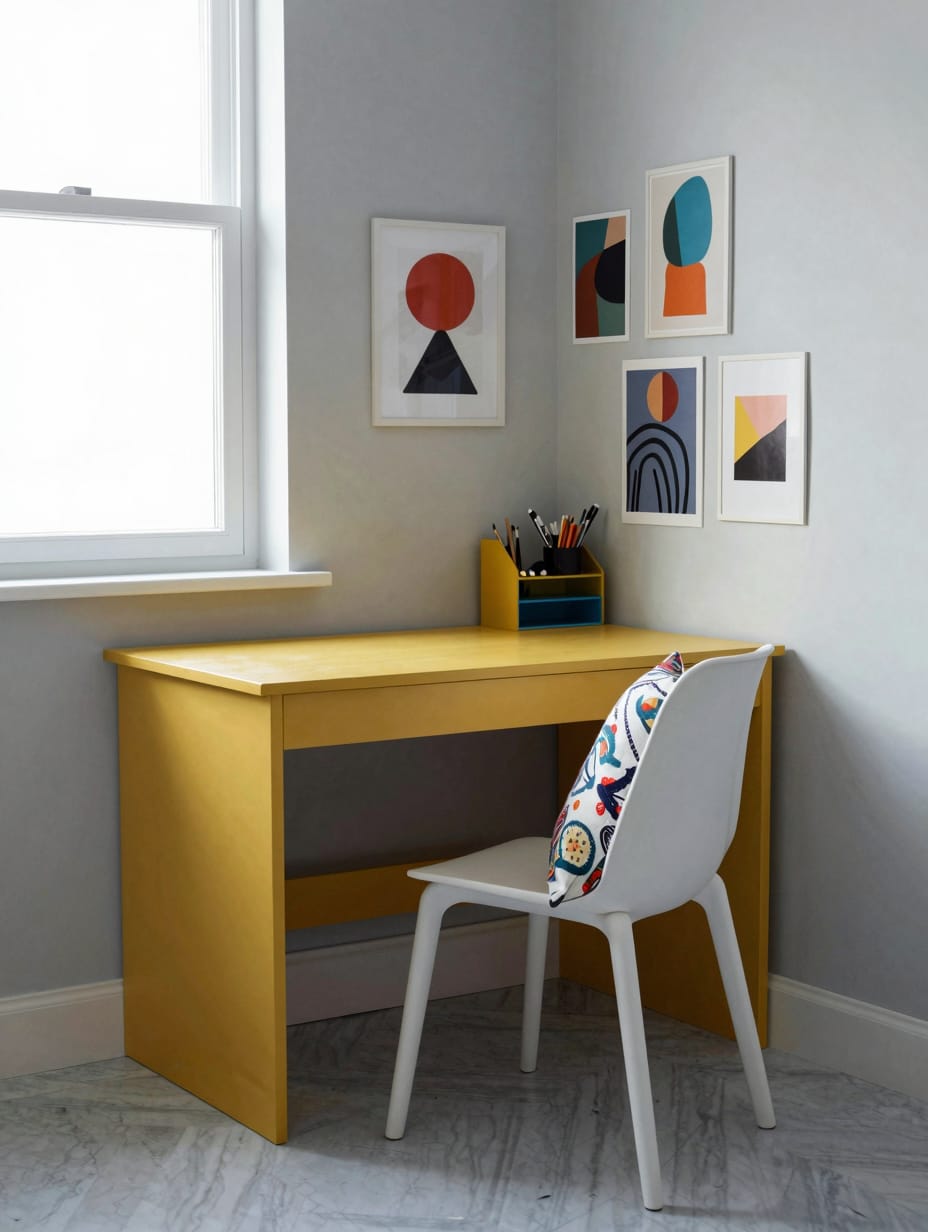 Colorful corner desk with framed art, bright accessories, and a creative vibe.