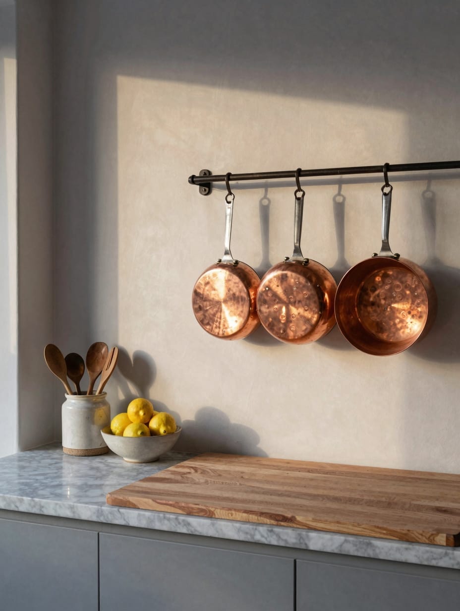 Rustic kitchen featuring a display of vintage copper pots and pans.