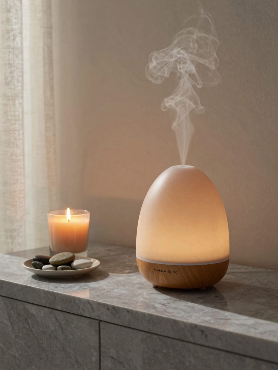 A decorative essential oil diffuser on a bathroom counter with a small plant.