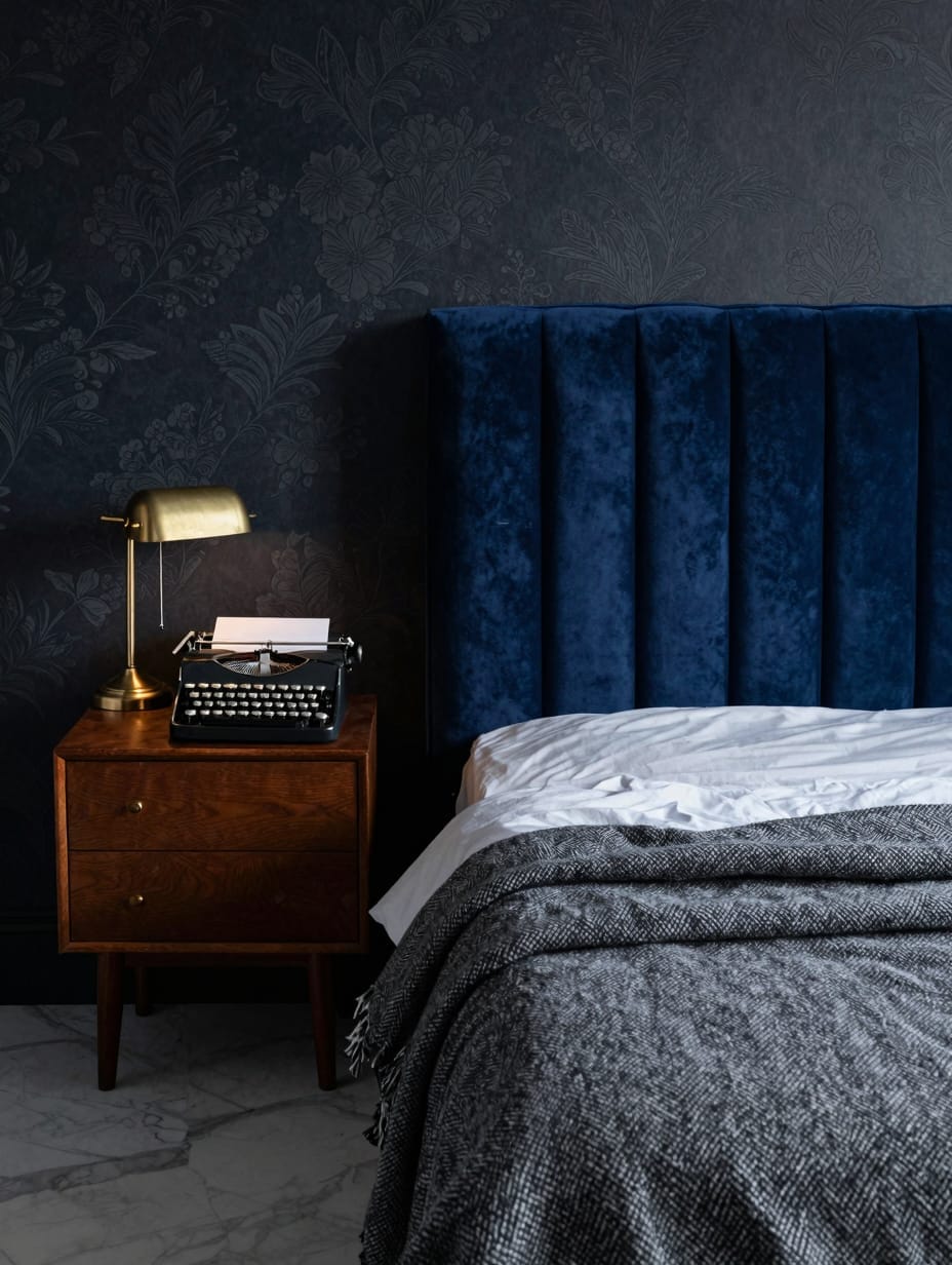 Bedroom featuring a green velvet headboard, tweed throw, and dark wood furniture.