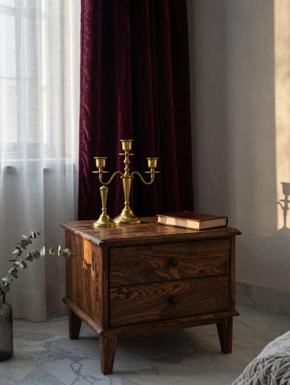 Vintage brass lamp sitting on a dark oak dresser with ornate metal hardware and a small mirror.
