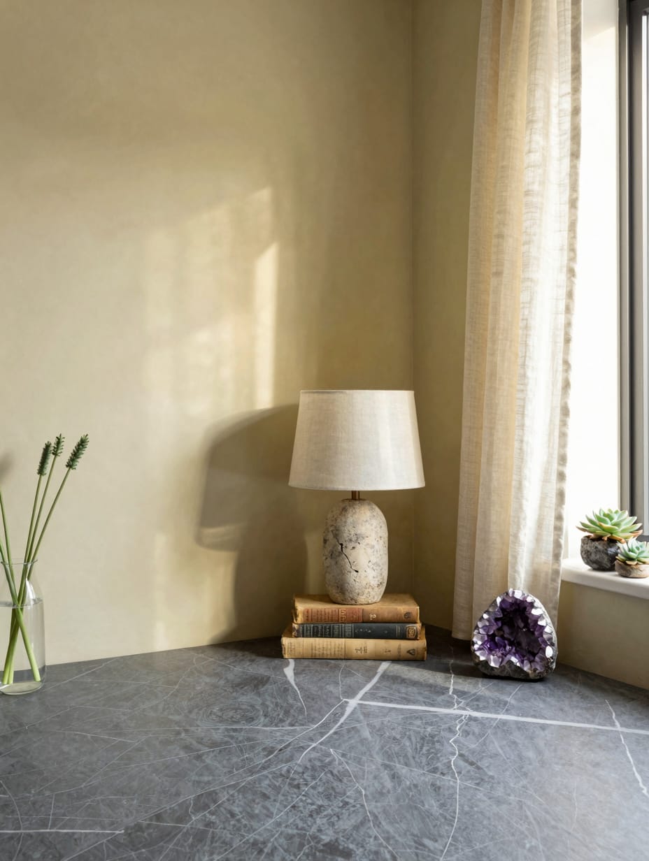 Raw marble bookends and smooth river stones on a wooden bedroom dresser.