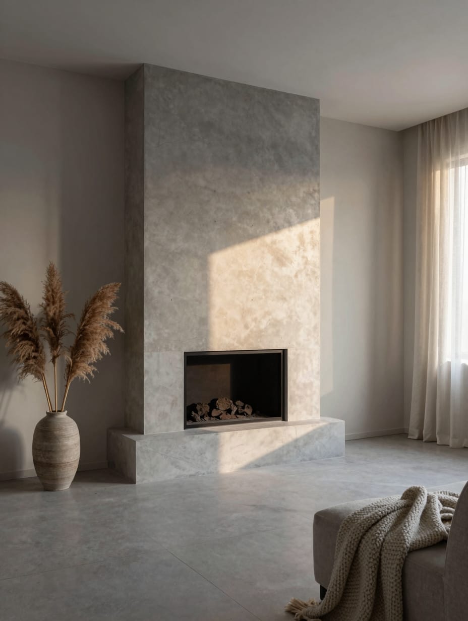 A minimalist fireplace with a smooth concrete surround, paired with a soft rug in a modern living room.
