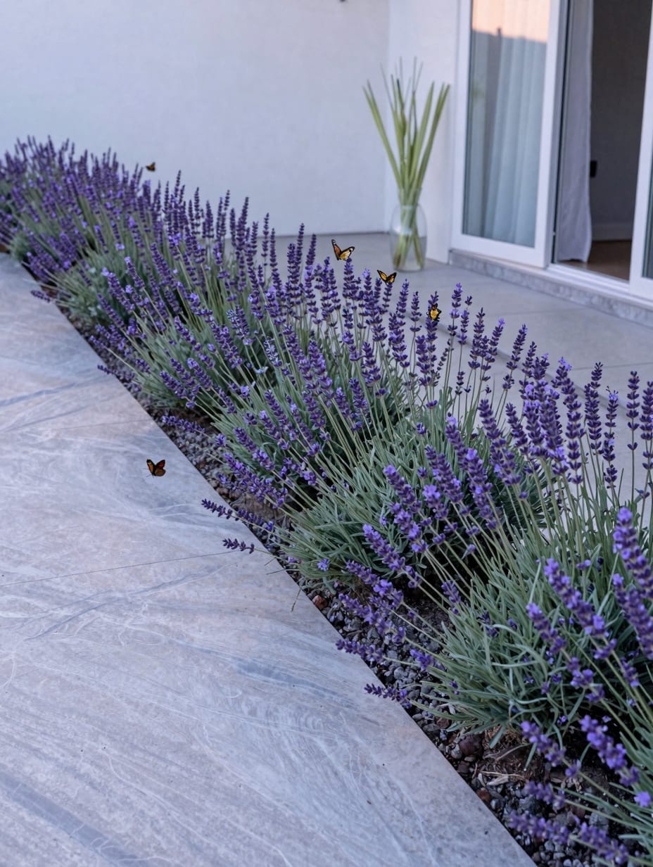 A long, dense row of purple lavender plants flowering along a sunny front yard garden border.