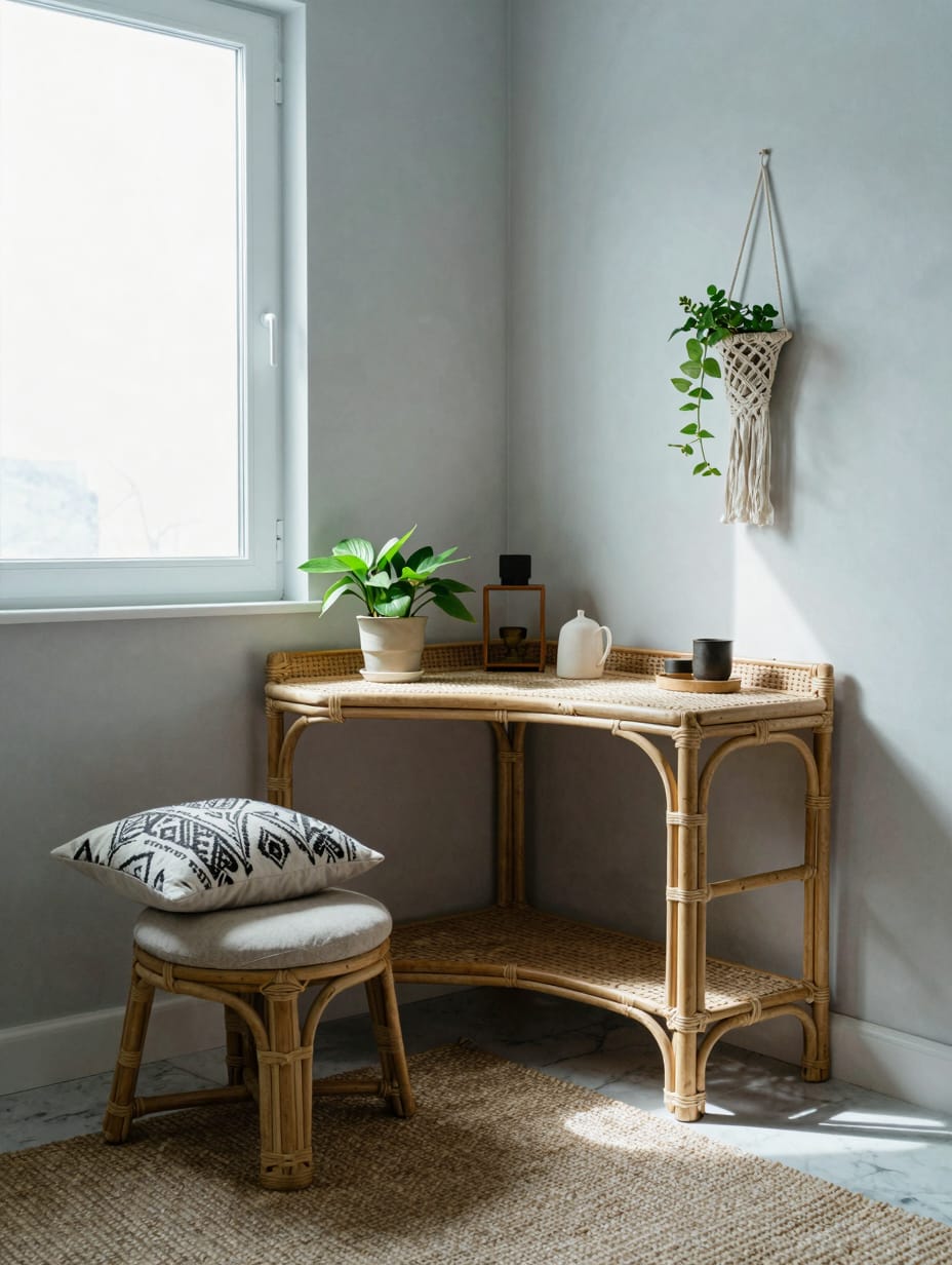 Bohemian style corner desk with a rattan chair, woven textiles, and lush potted plants.
