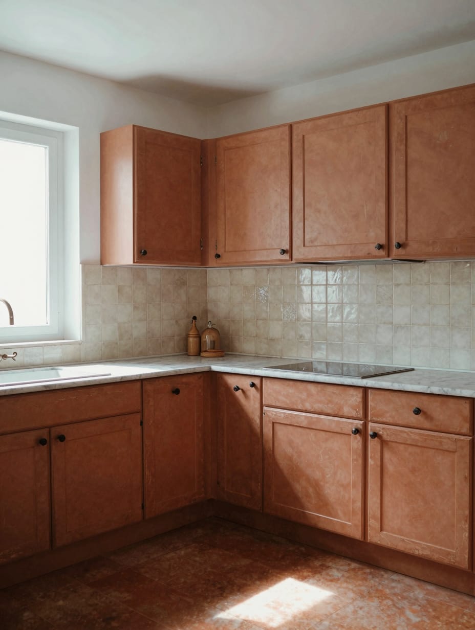 Rustic kitchen with terracotta colored cabinets and open shelving