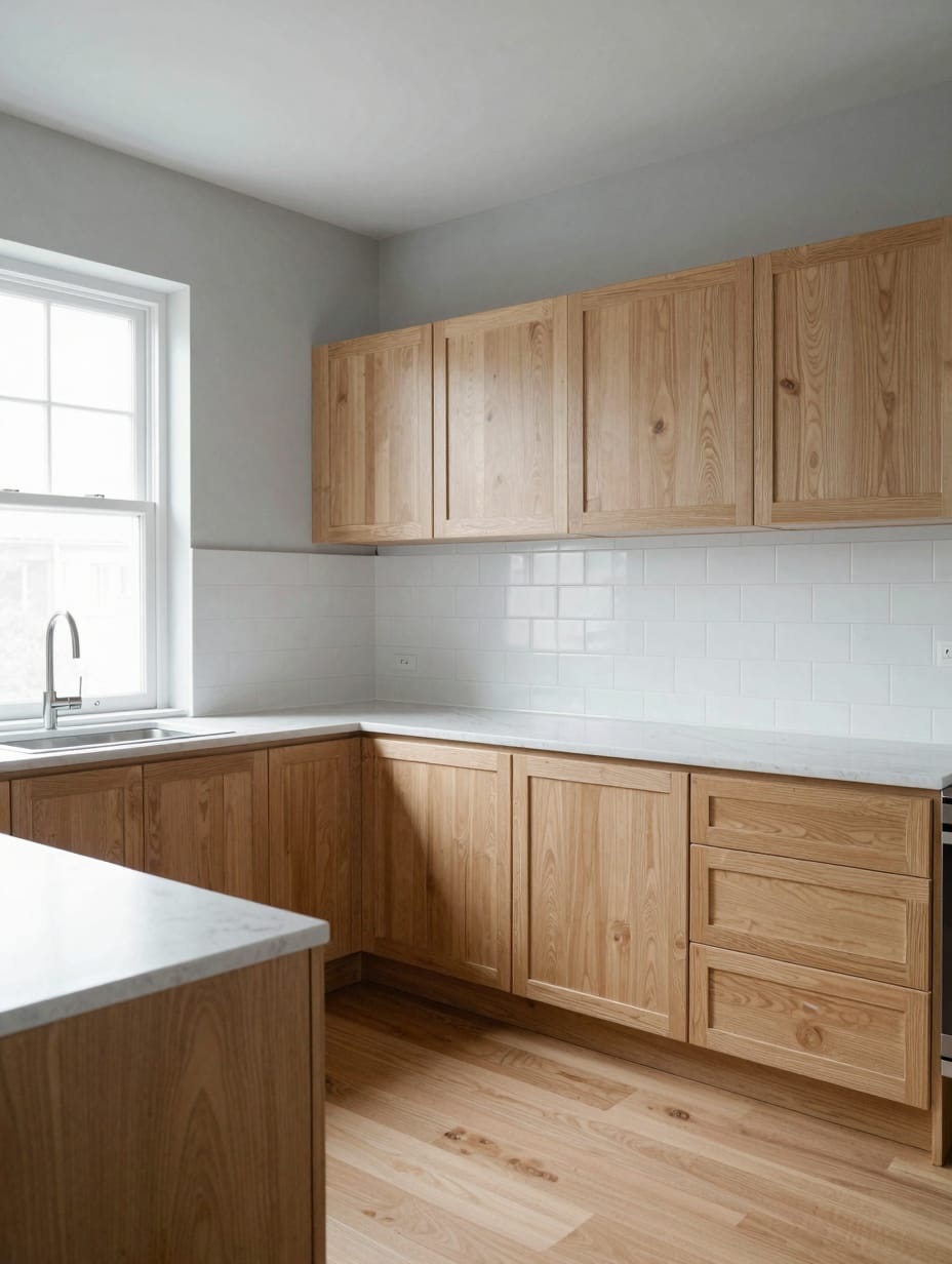 A tranquil kitchen featuring light wooden cabinets and soft gray walls, with a wool throw on a bench.