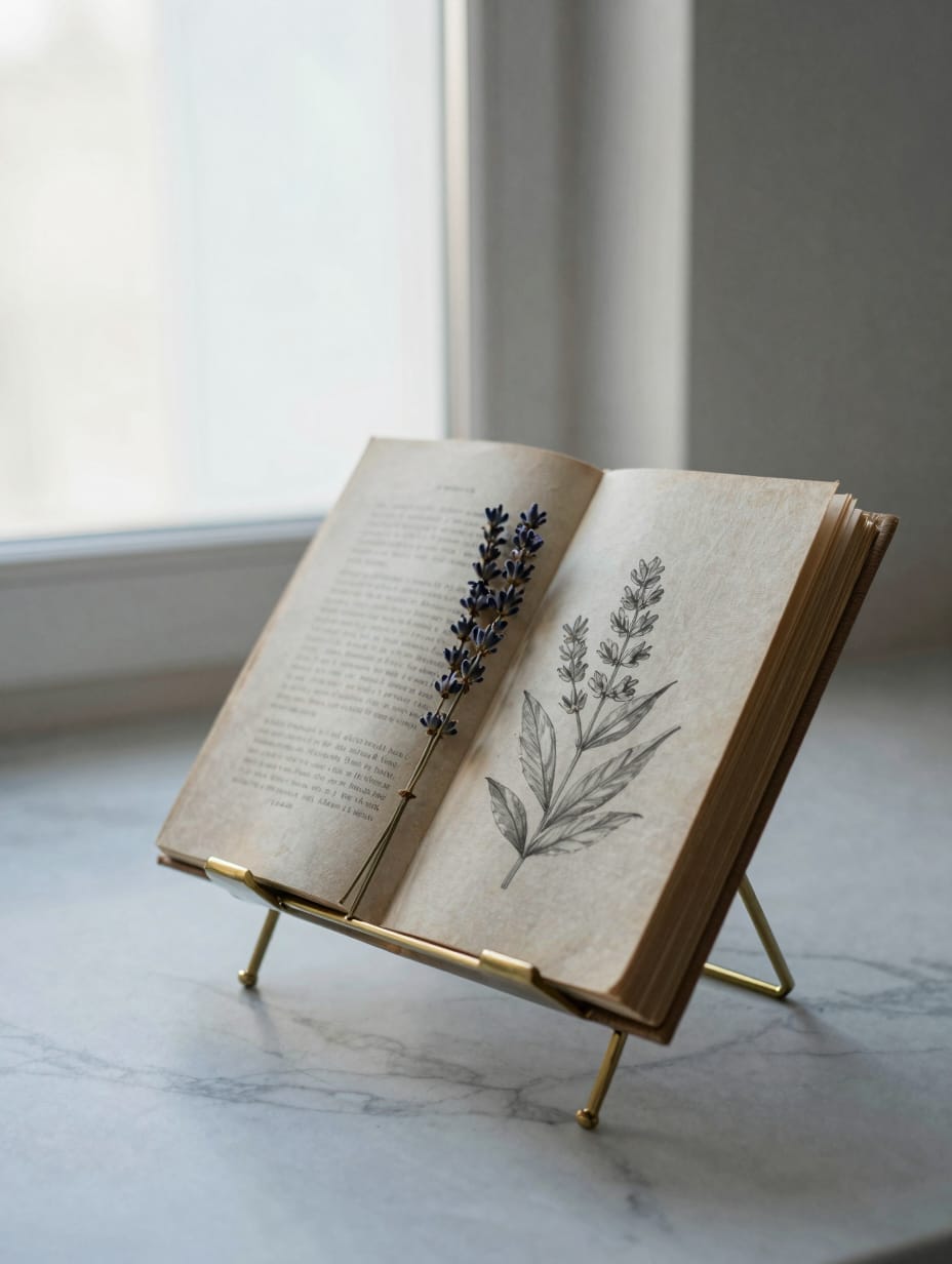 An open vintage cookbook displayed on a gold brass easel on a kitchen island.