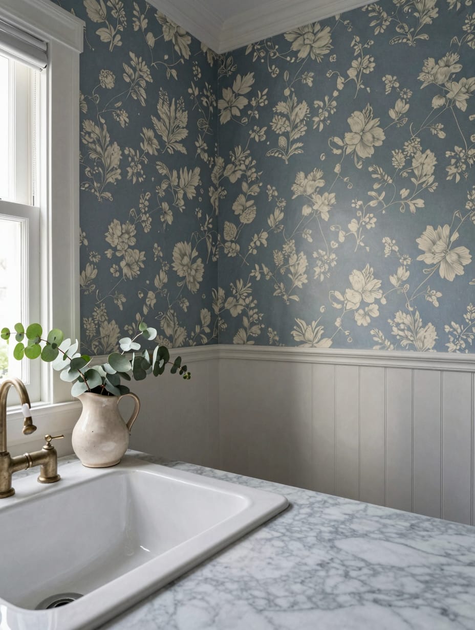 Laundry room wall featuring blue floral wallpaper and a white ceramic pitcher.