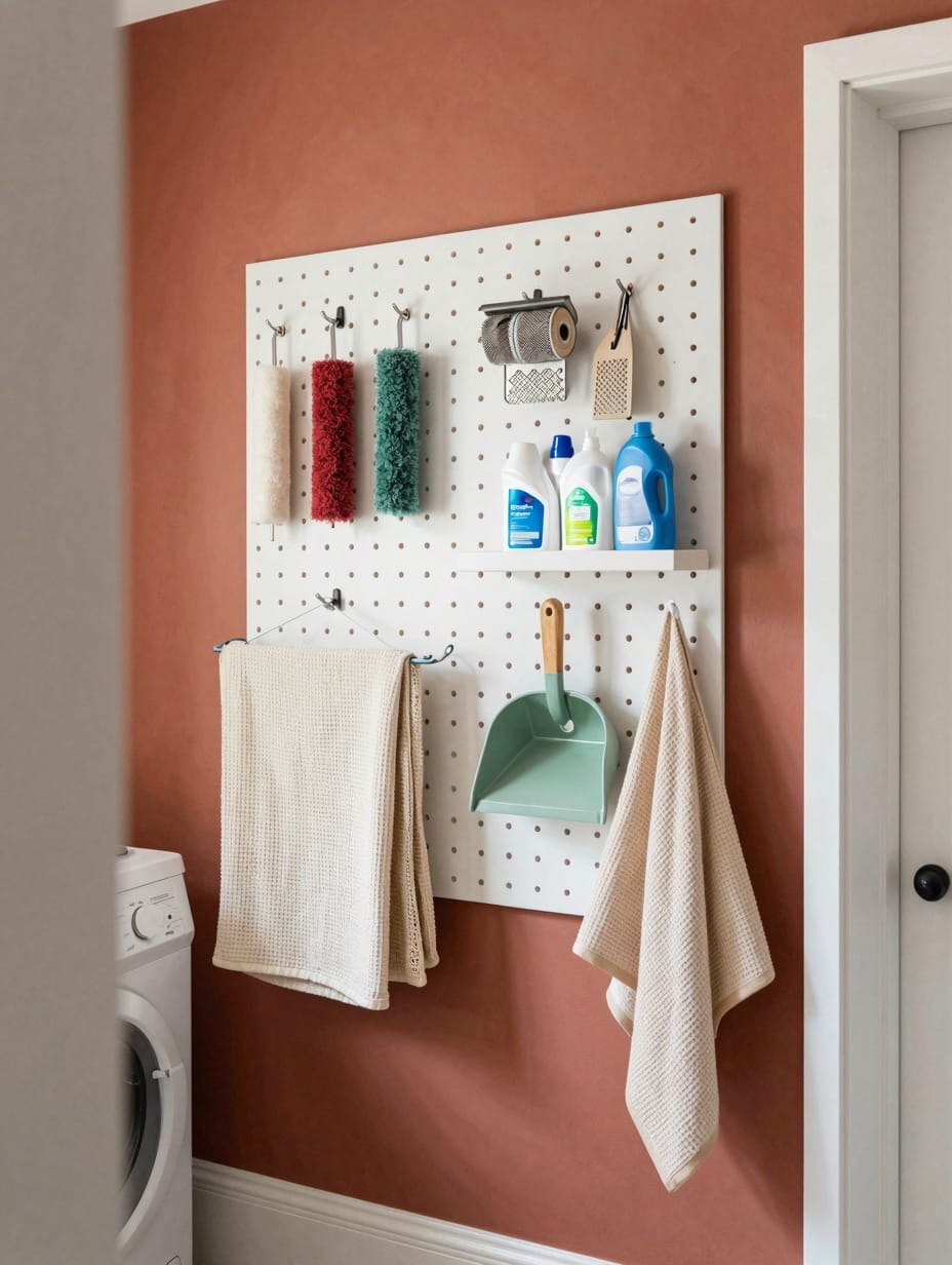 Laundry room pegboard with various cleaning supplies, brushes, and small baskets, demonstrating smart vertical storage for...