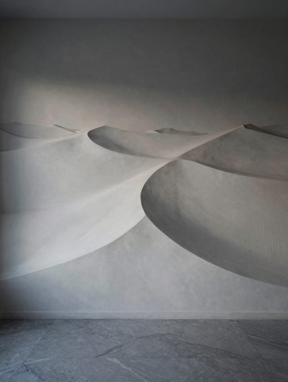 Living room wall designs featuring white 3D plaster dunes with organic curved ridges and soft shadows.