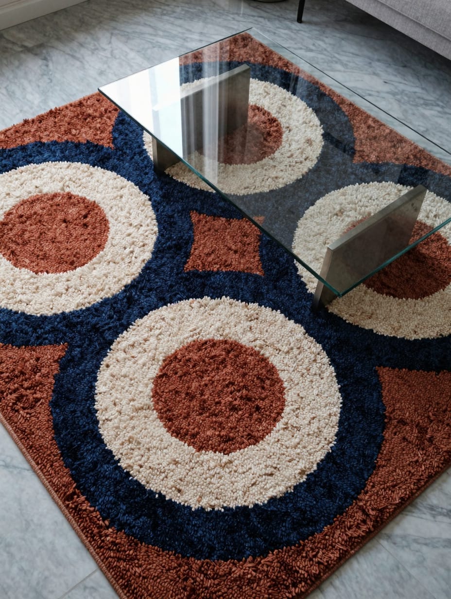 A cream and charcoal geometric wool rug on a dark hardwood floor.