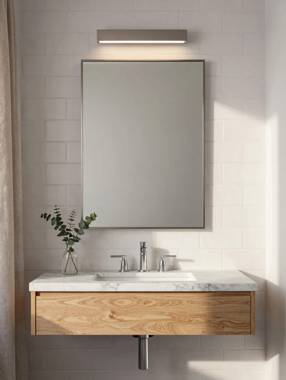 Modern bathroom with a large, back-lit mirror for a spa-like feel
