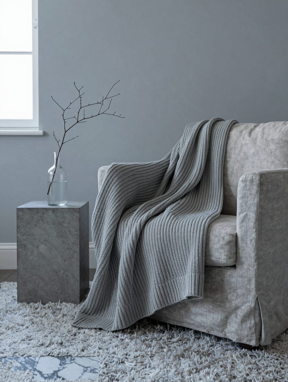 A minimalist living room design emphasizing textural variety, with knitted throws, a wooden side table, and a boucle chair.