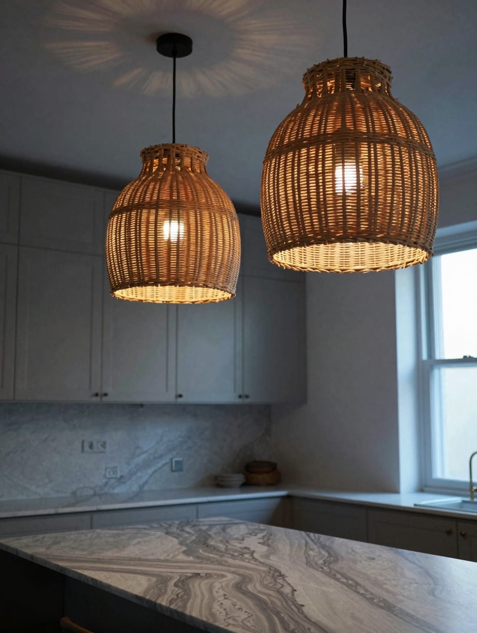 Kitchen island lit by two large woven rattan pendant lights hanging from the ceiling.