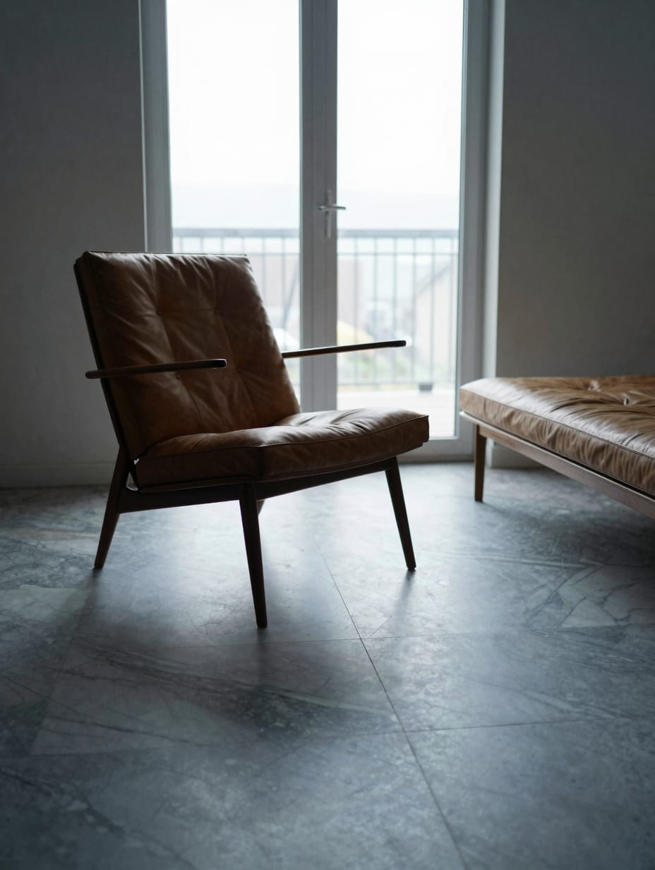 Low profile tan leather furniture arranged in a bright room with large windows.