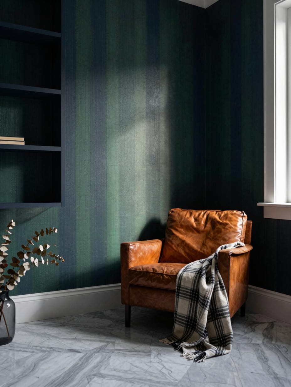A cozy bedroom designed like a library suite, featuring moody plaid wallpaper, bedding, and built-in bookshelves.