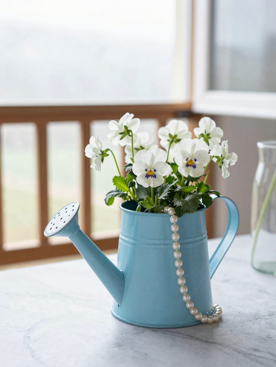 Vintage metal watering can acting as a porch planter with small purple pansies.