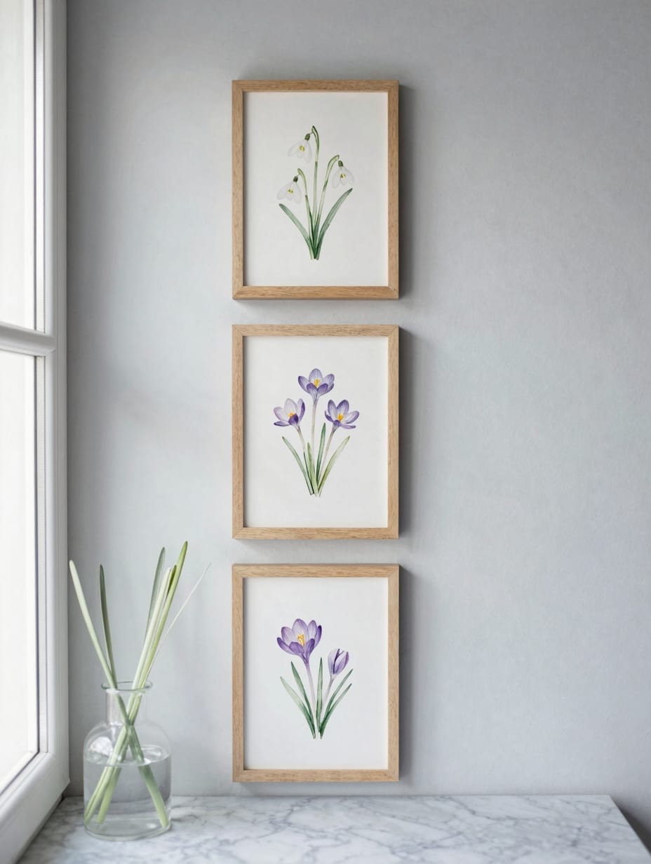 A small gallery wall with three framed botanical art prints in a powder room.