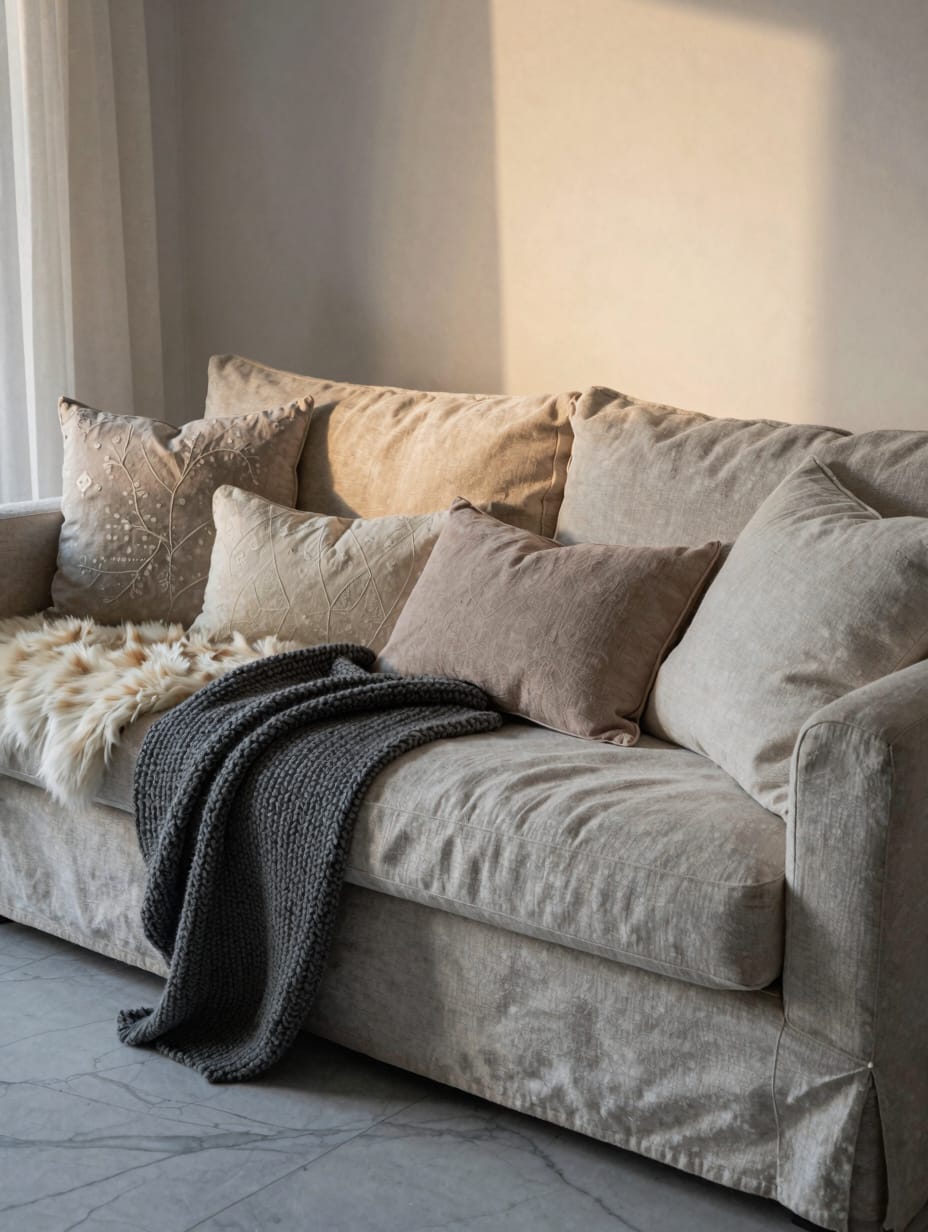 A cozy sofa adorned with multiple soft throws and blankets, including chunky wool and faux fur, in a rustic setting.