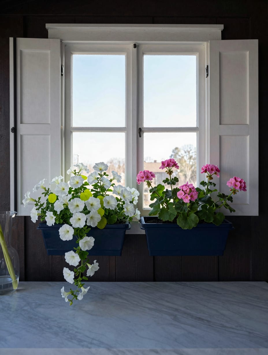 White petunias overflowing from a wooden window box on a blue garden shed.