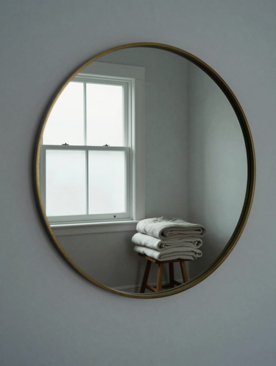 Large frameless mirror covering a bathroom wall above a white vanity.