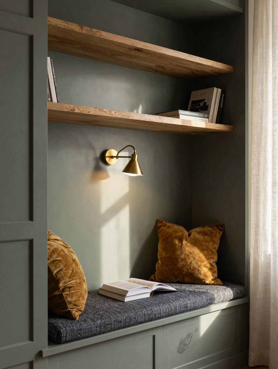 Recessed wall shelving units surrounding a bed filled with books.