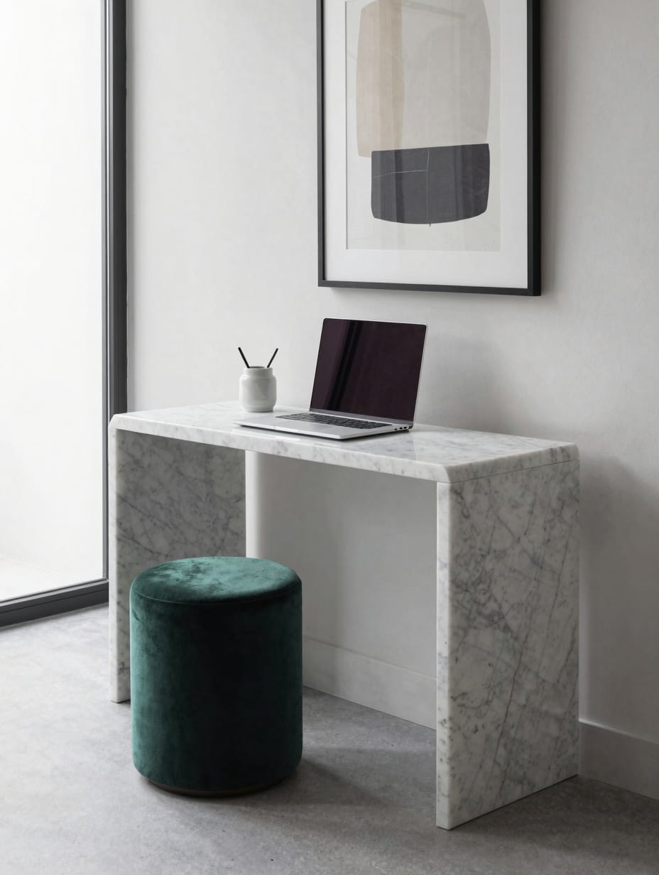 A narrow, modern wooden console table with a laptop, acting as a small desk in a living room corner.