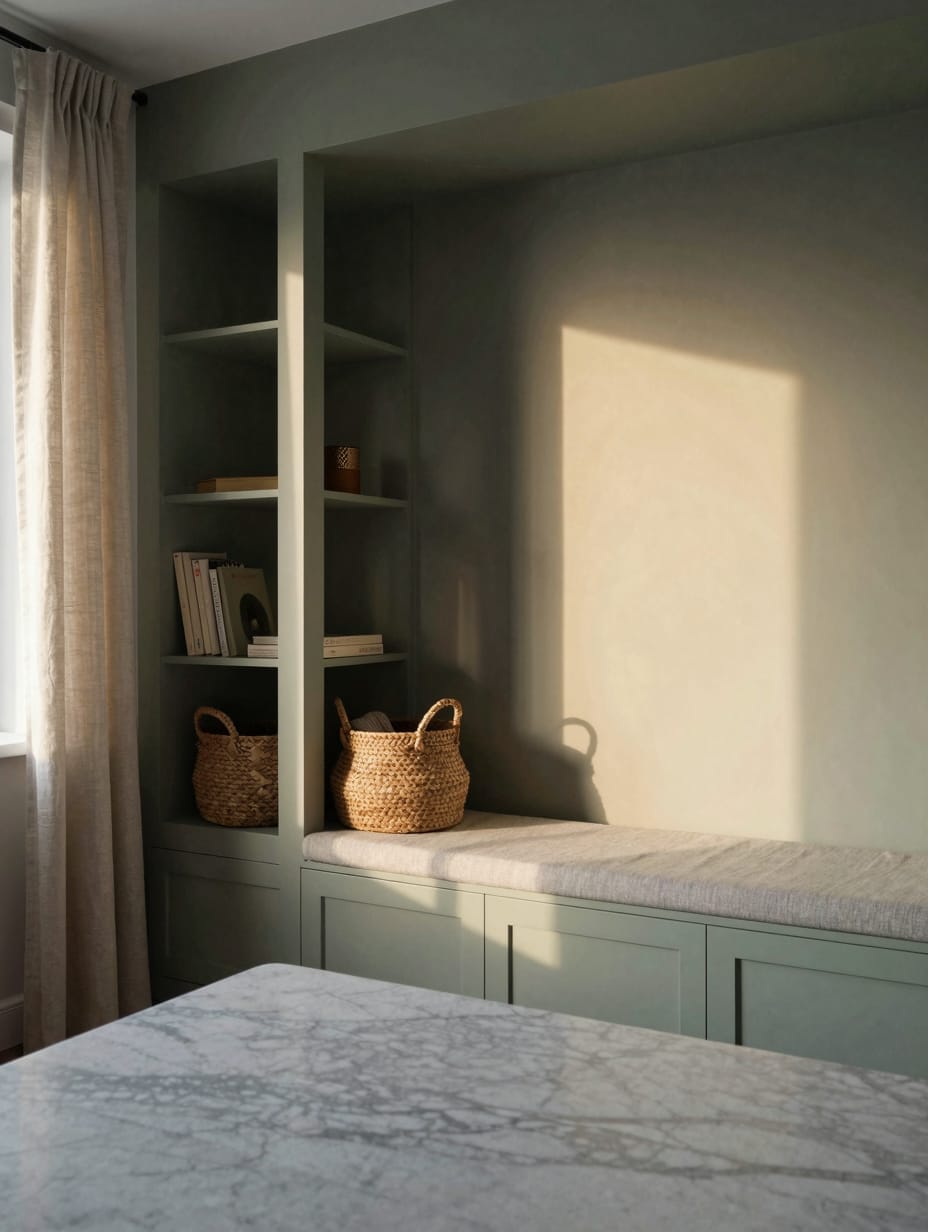 Custom built-in storage bench under a window with hidden compartments, showing tidy blankets.