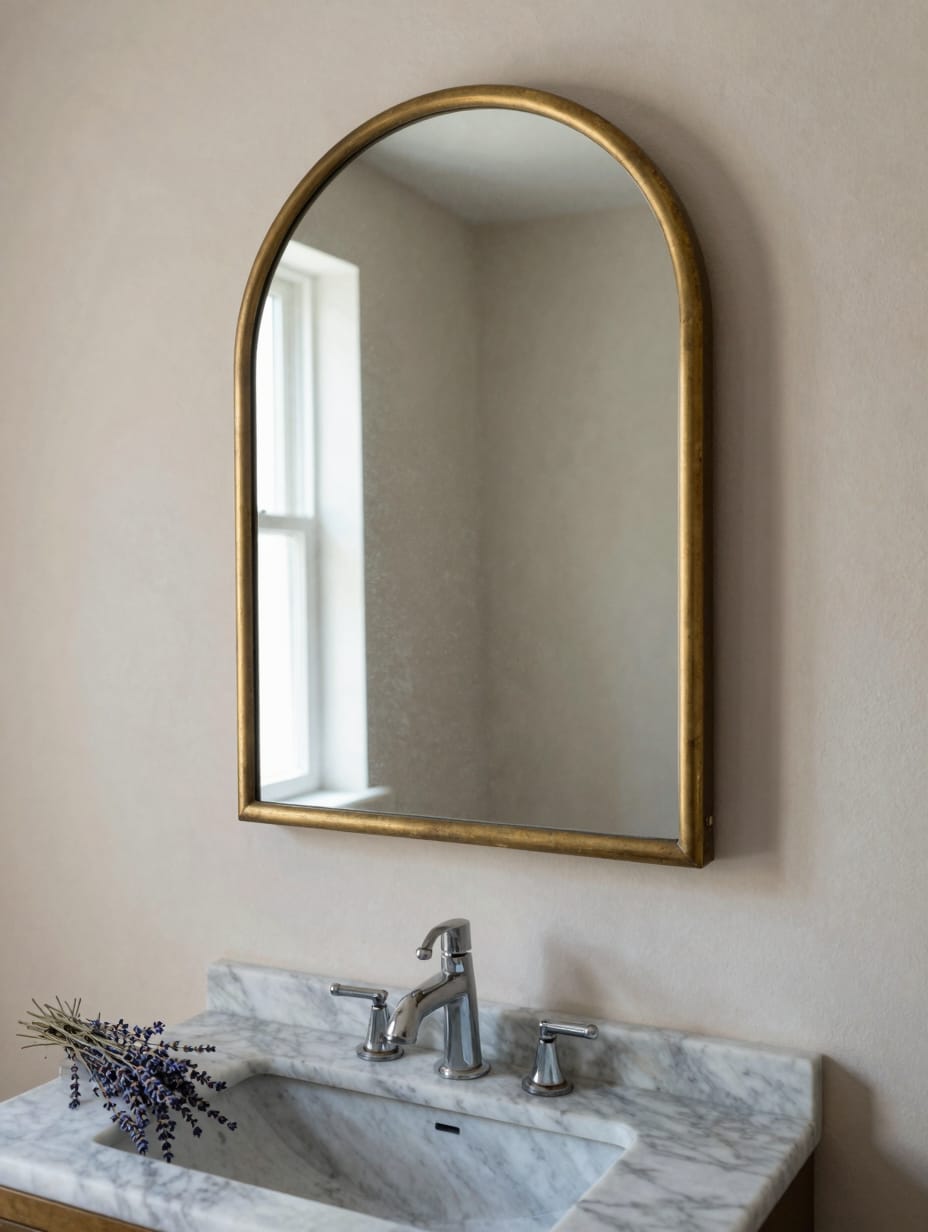 An arched brass medicine cabinet mounted on a white subway tile wall reflecting a soft light.