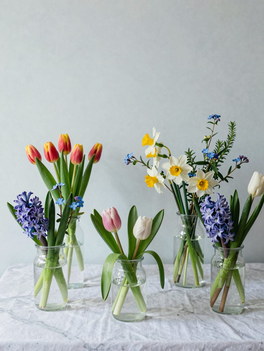 A rustic table adorned with multiple fresh-picked floral centerpieces in varying glass vases.
