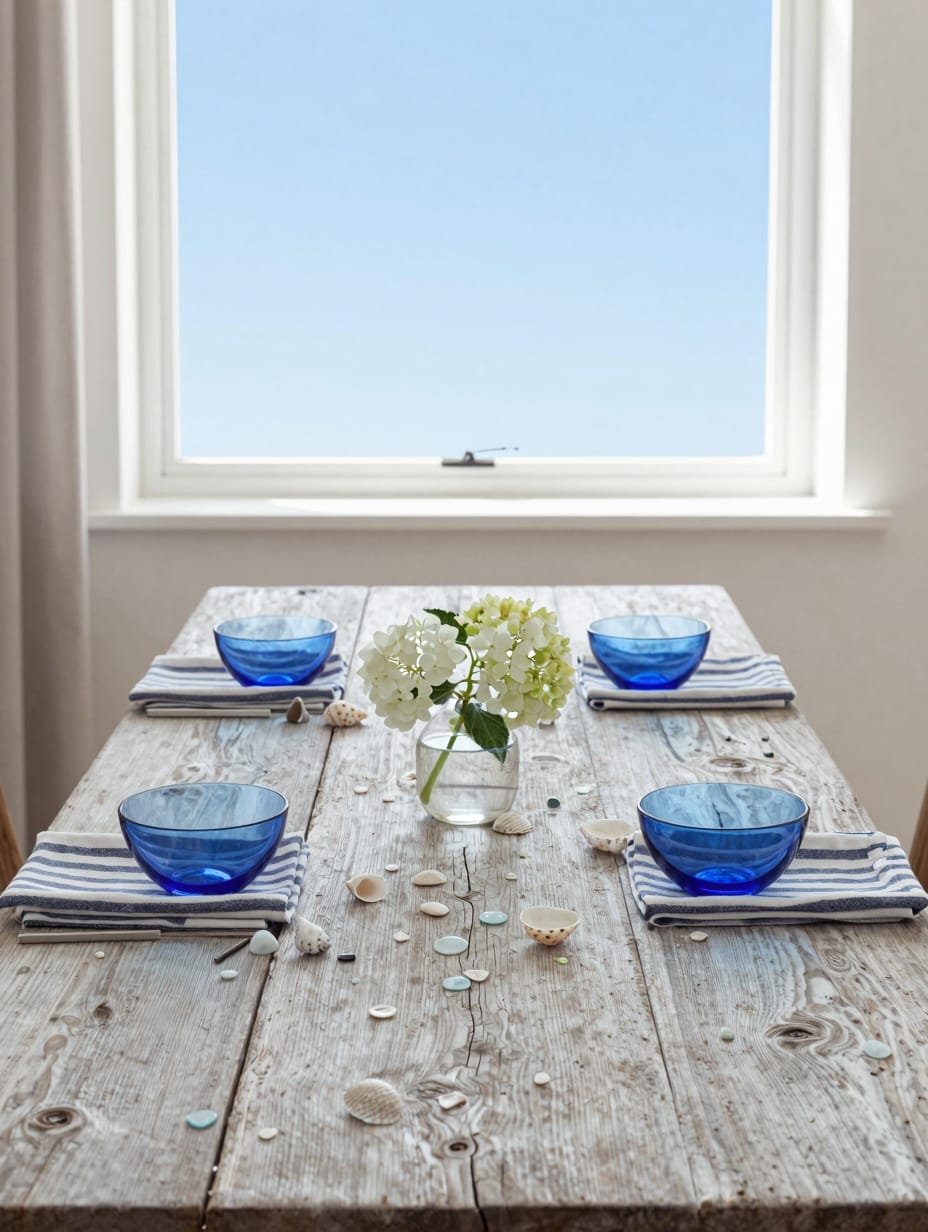 Coastal themed garden table with a driftwood centerpiece and sky blue glass accents.