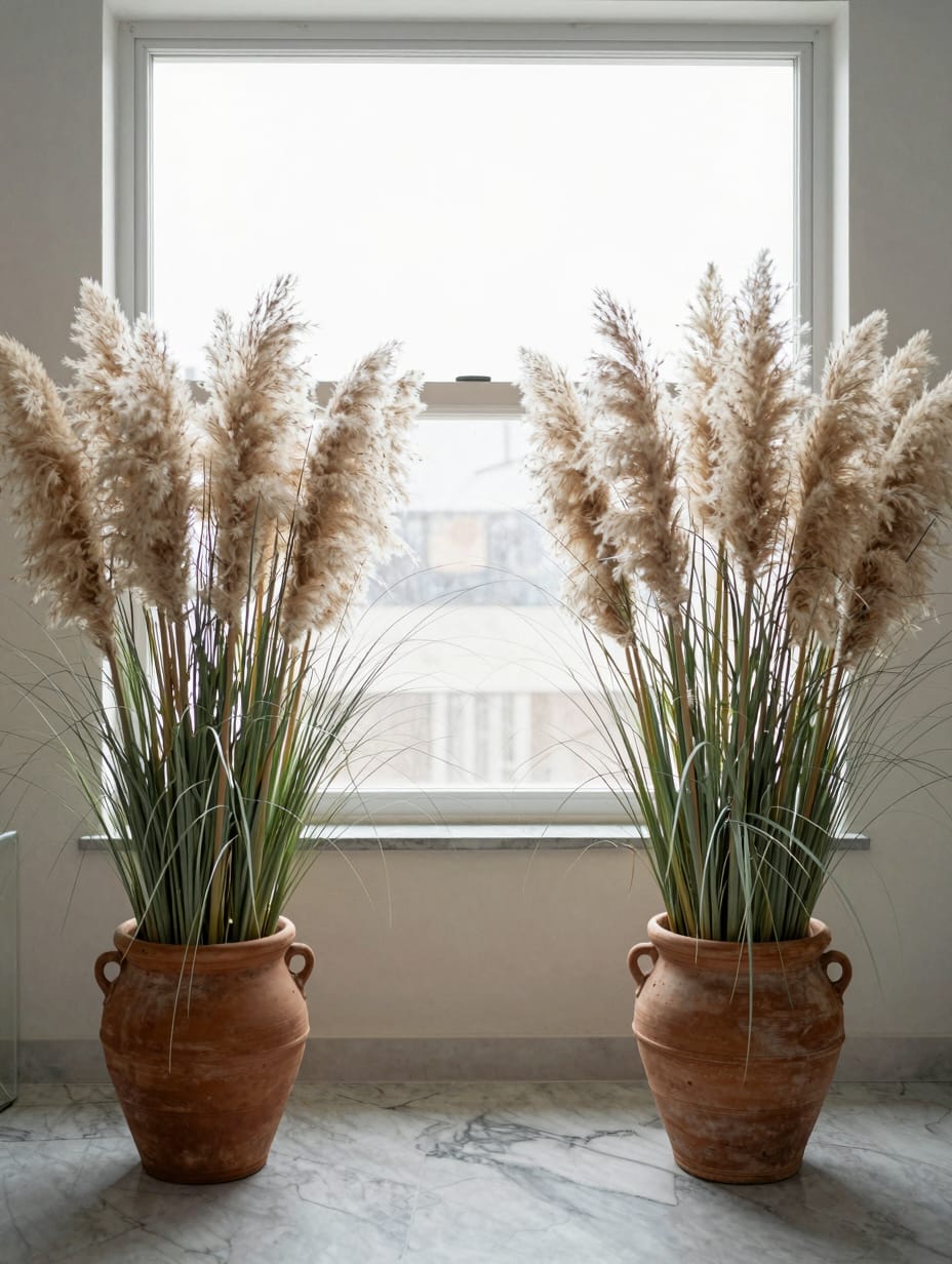 Two tall beige pampas grass arrangements in large grey pots flanking a ceremony space.