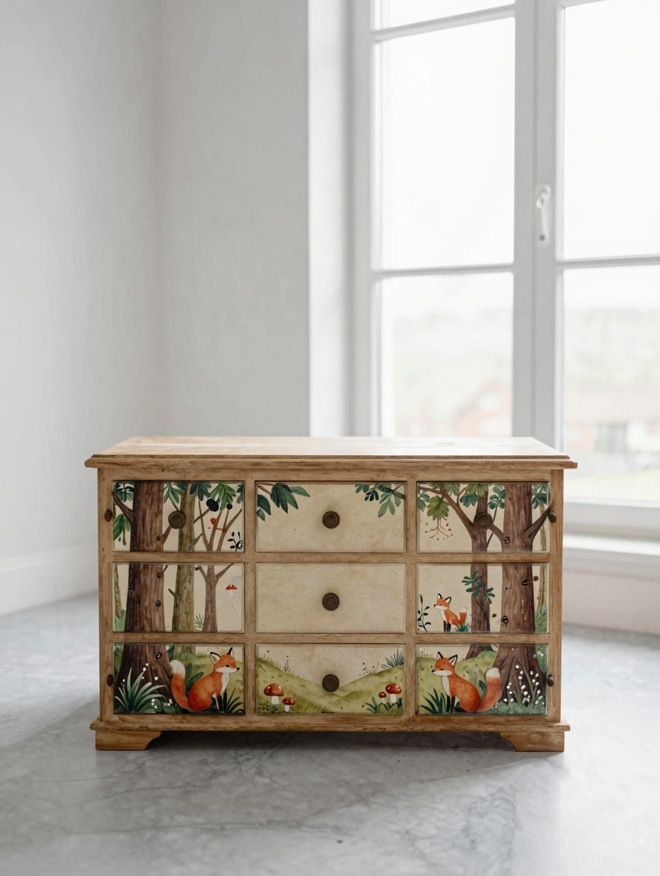 A wooden chest of drawers painted with a whimsical woodland scene including trees and forest animals.