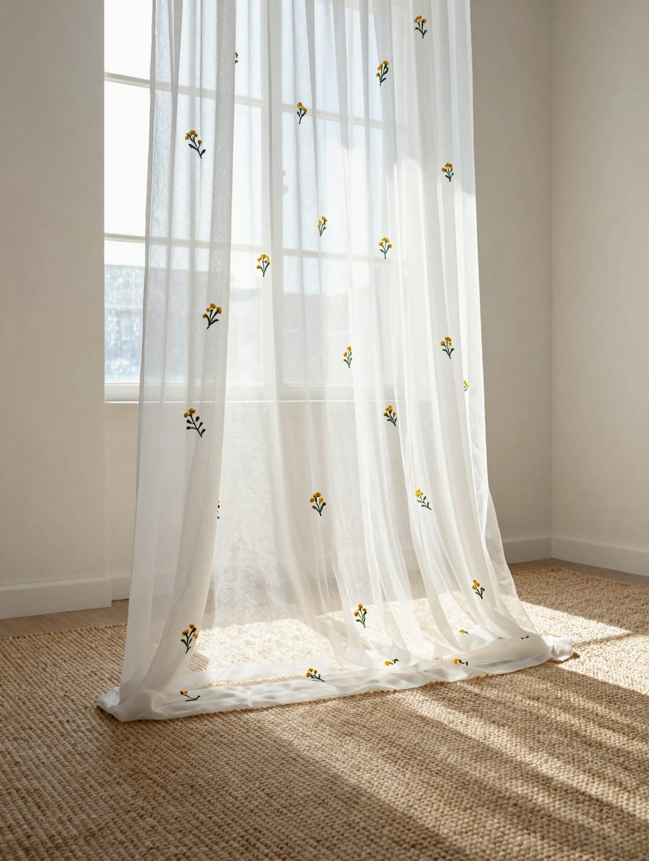 Kitchen window with delicate white sheer curtains featuring subtle embroidered floral patterns.