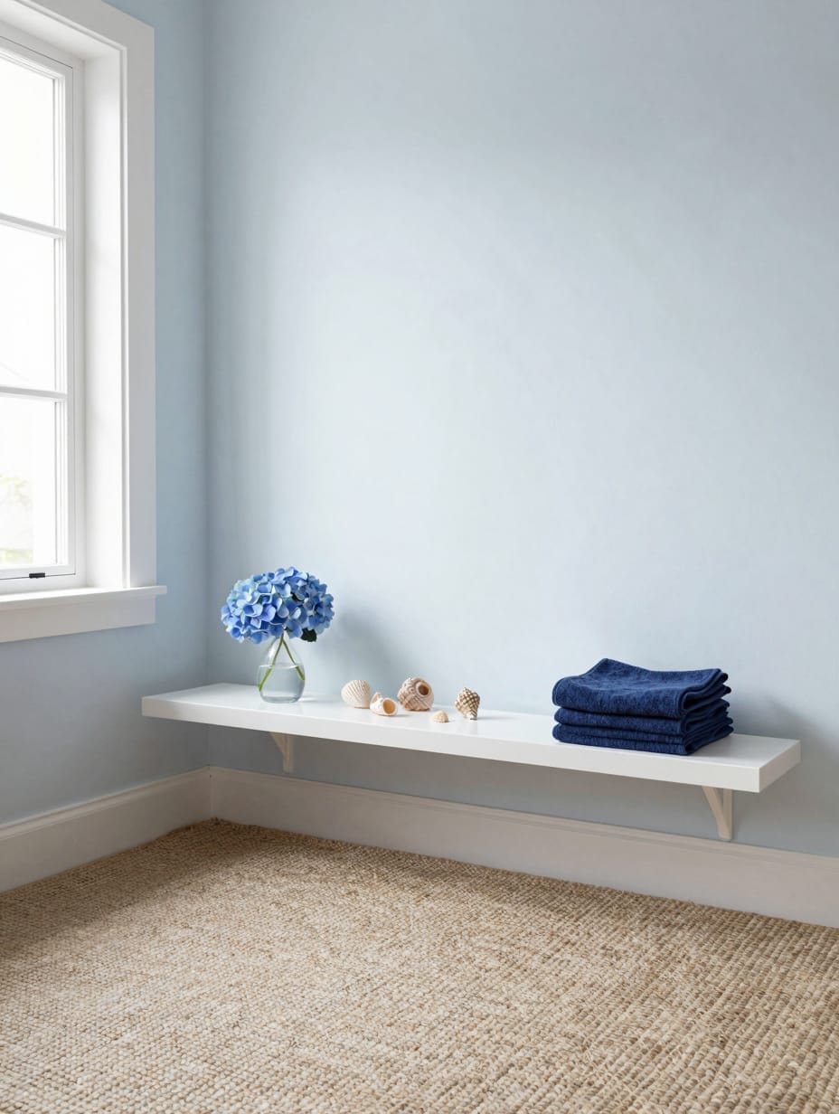 Bathroom shelf decorated with coastal elements like a small piece of driftwood and blue towels.