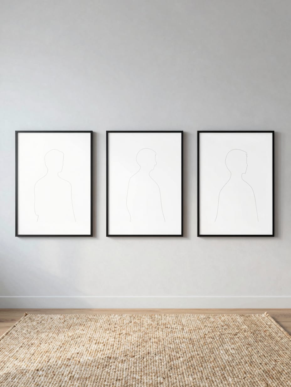 Three minimalist line art drawings in thin black frames hanging in a row on a white wall.