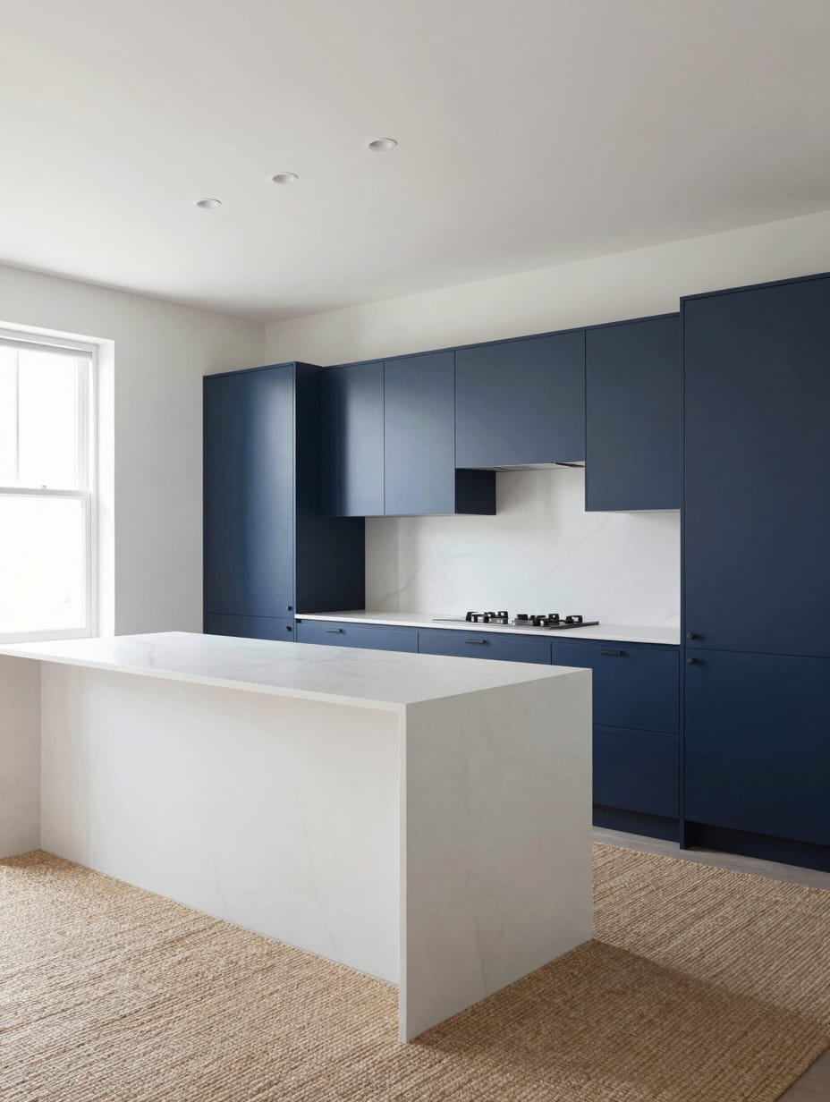 Minimalist kitchen with dark midnight blue flat-panel cabinets and white countertops.
