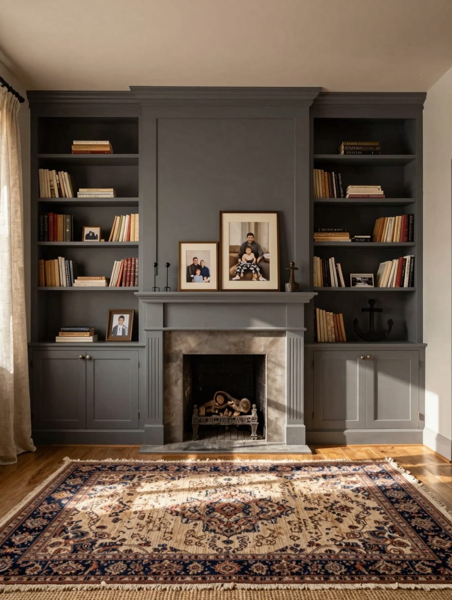 Floor-to-ceiling built-in bookshelf integrated into a living room wall, filled with books and decor.