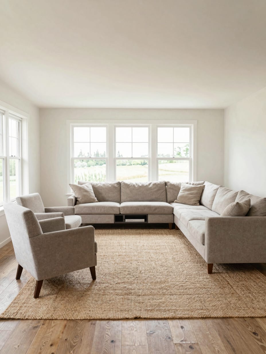 A bright living room with a sofa moved away from the wall to create an open walkway.