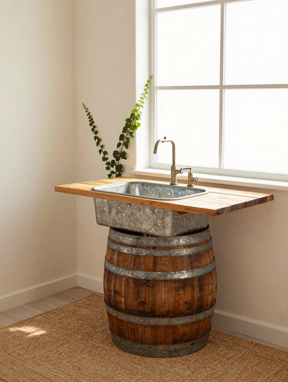 A wooden wine barrel repurposed as an outdoor sink base with a metal basin and faucet.