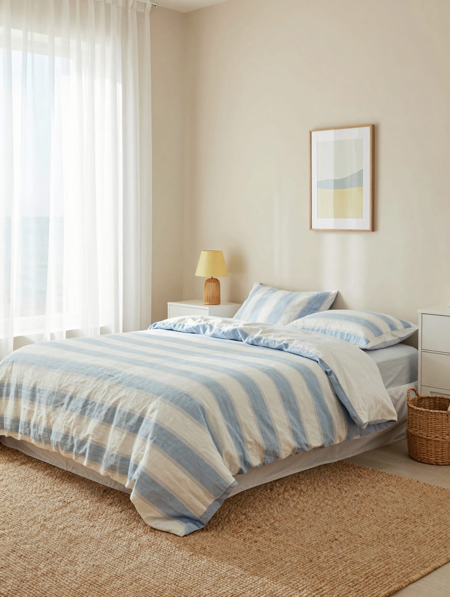 A coastal-inspired bedroom with light blue walls, white furniture, and a butter yellow rug.