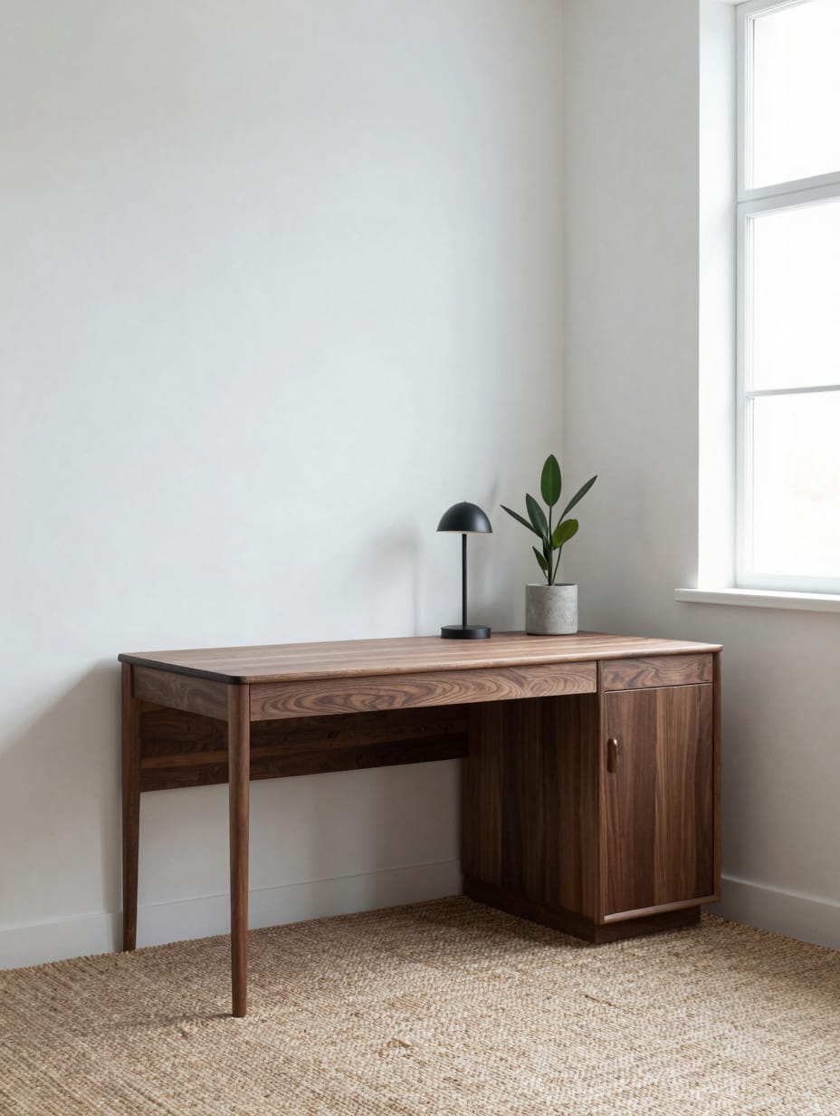 Sleek walnut corner desk with minimalist decor and a black office chair.