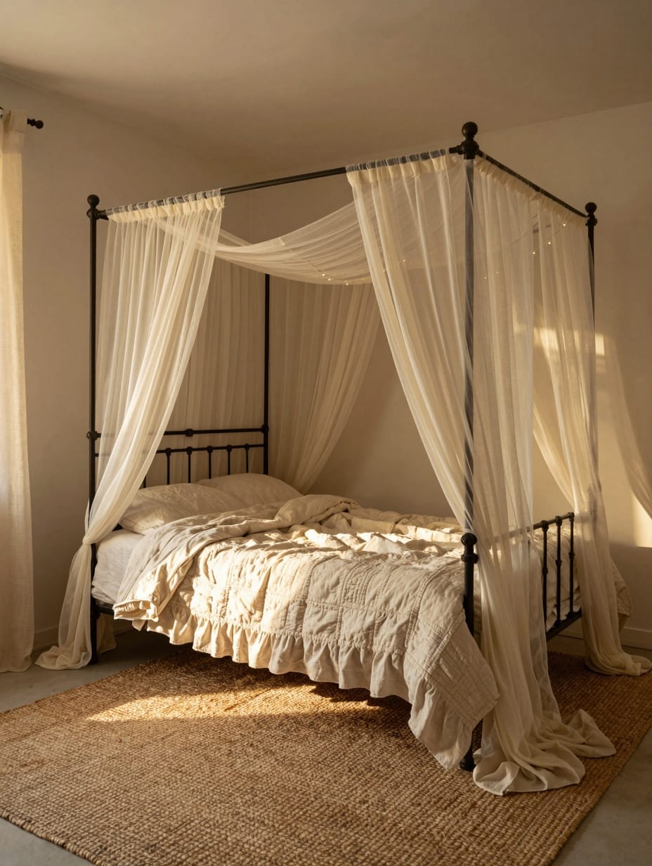 Romantic canopy bed with sheer white gossamer drapes in a cottagecore bedroom.