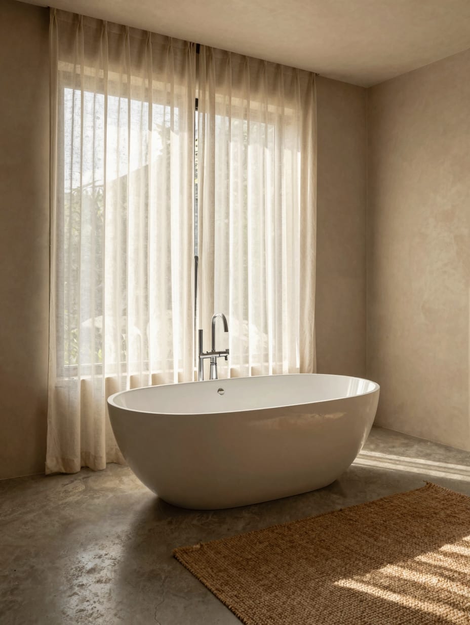 A modern white freestanding bathtub in a spacious, light-filled bathroom.